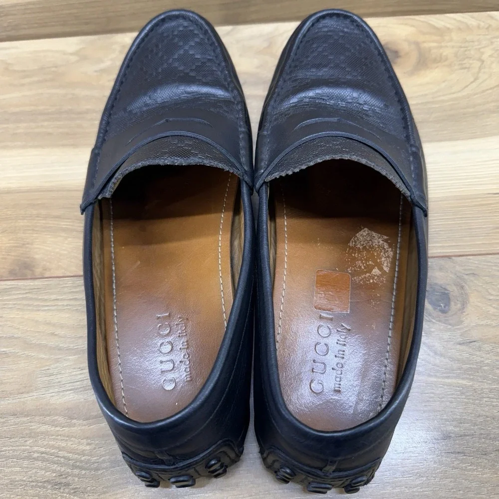 GUCCI GG GUCCISSIMA Driver Penny Loafers Mens US 10 UK 9 G Black Leather Travel